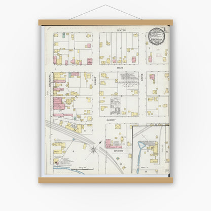 Old map wall art mockup — magnetic wood frame on white wall — Sanborn Fire Insurance Map from Blanchester, Clinton County, Ohio (1892), Sheet #0001