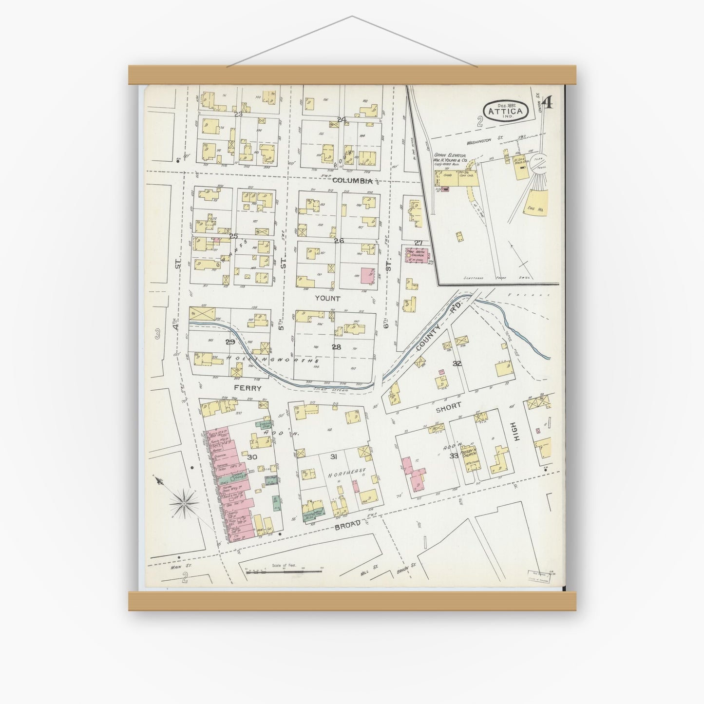 Old map wall art mockup — magnetic wood frame on white wall — Sanborn Fire Insurance Map from Attica, Fountain County, Indiana (1892), Sheet #0004