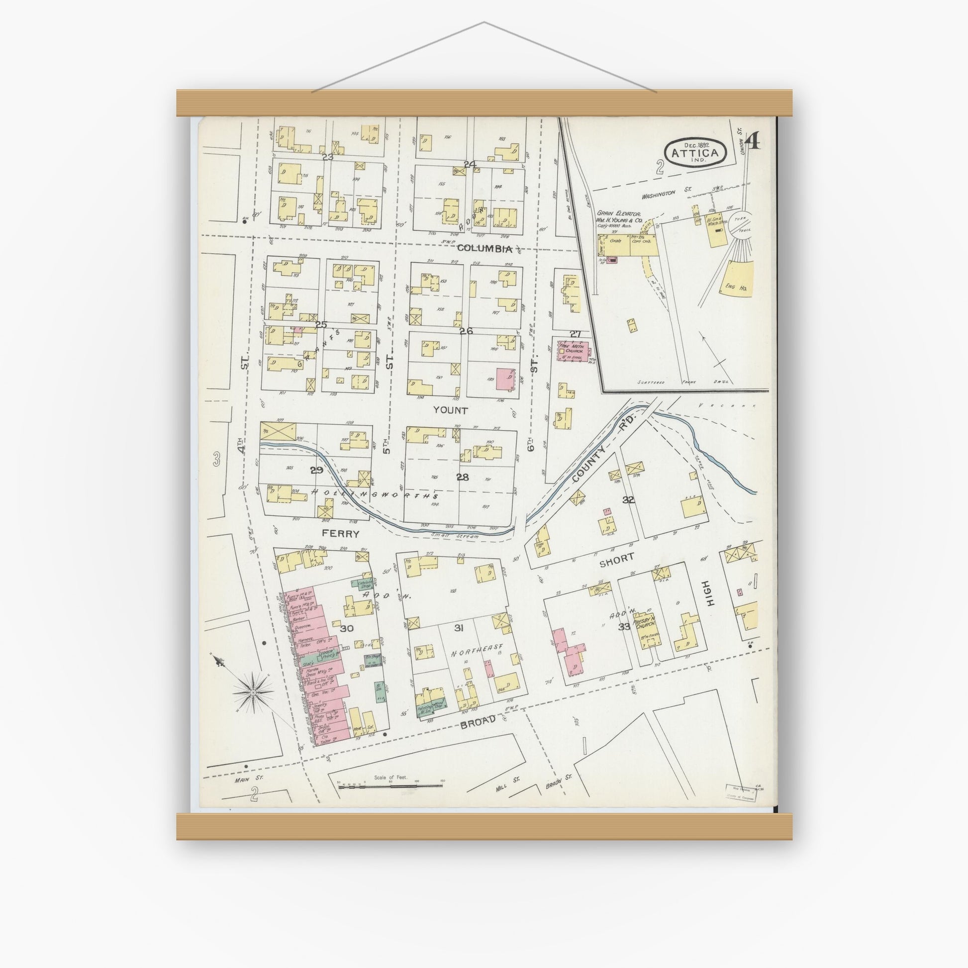 Old map wall art mockup — magnetic wood frame on white wall — Sanborn Fire Insurance Map from Attica, Fountain County, Indiana (1892), Sheet #0004