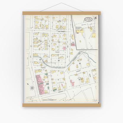Old map wall art mockup — magnetic wood frame on white wall — Sanborn Fire Insurance Map from Attica, Fountain County, Indiana (1892), Sheet #0004
