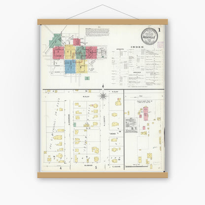 Old map wall art mockup — magnetic wood frame on white wall — Sanborn Fire Insurance Map from Rushville, Schuyler County, Illinois (1906) - Complete Map Set