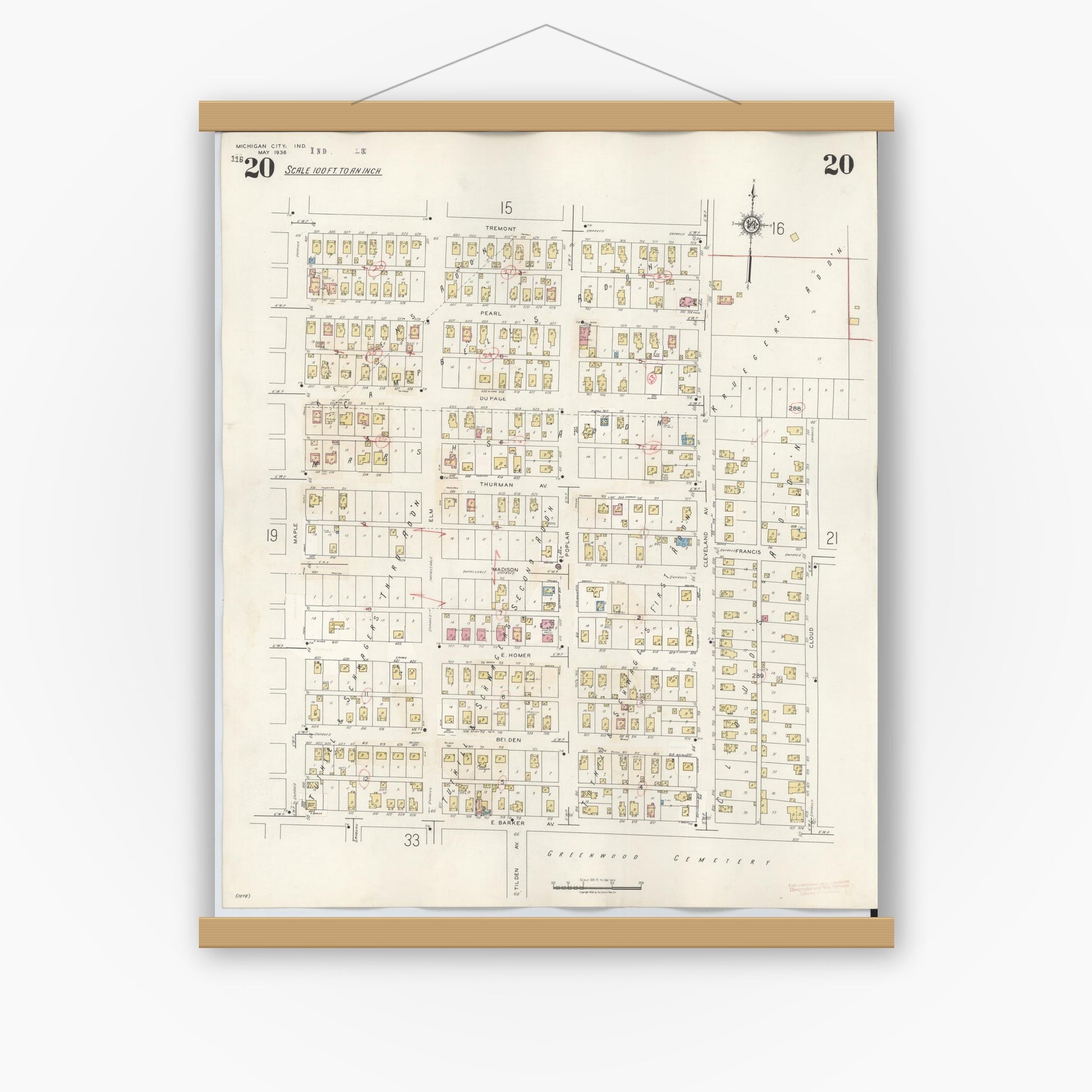 Old map wall art mockup — magnetic wood frame on white wall — Sanborn Fire Insurance Map from Michigan City, La Porte County, Indiana (1948), Sheet #0020