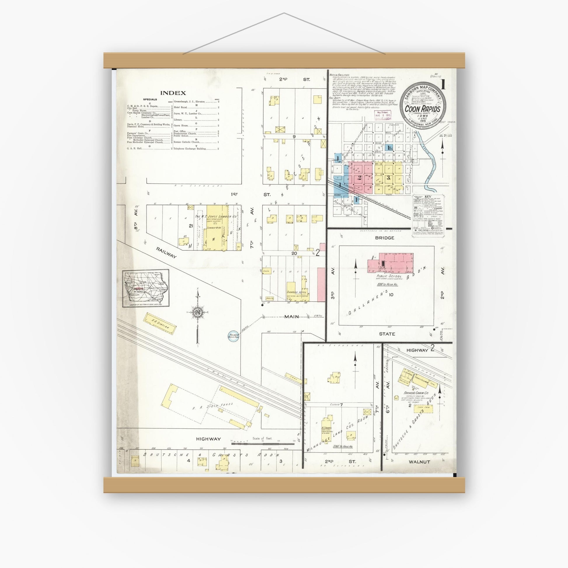 Old map wall art mockup — magnetic wood frame on white wall — Sanborn Fire Insurance Map from Coon Rapids, Carroll County, Iowa (1915), Sheet #0001