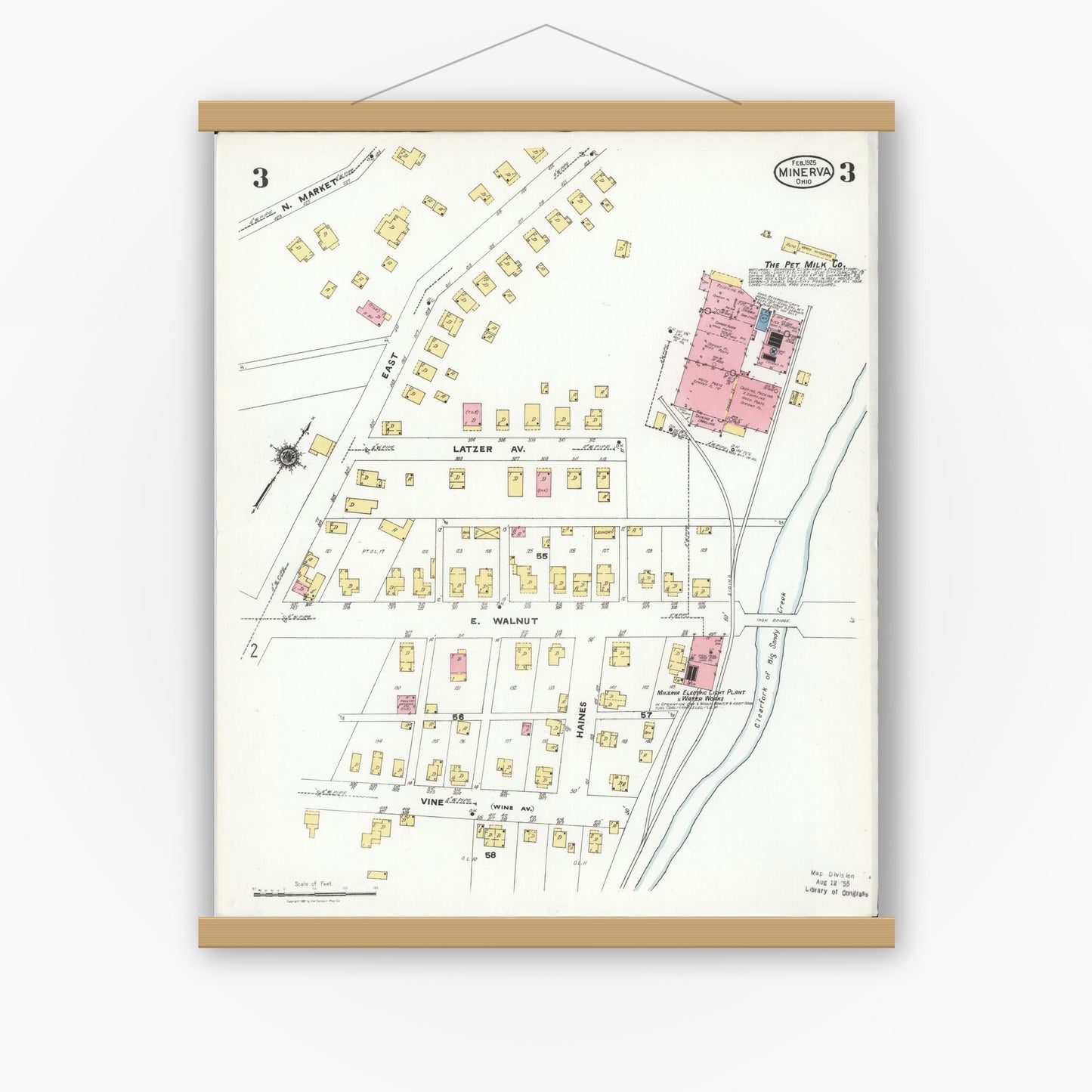 Old map wall art mockup — magnetic wood frame on white wall — Sanborn Fire Insurance Map from Minerva, Stark And Carroll Counties, Ohio (1925), Sheet #0003
