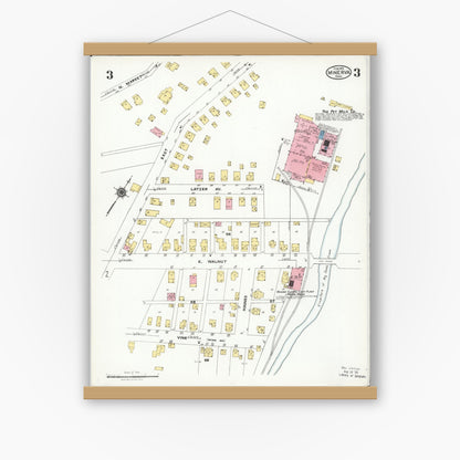 Old map wall art mockup — magnetic wood frame on white wall — Sanborn Fire Insurance Map from Minerva, Stark And Carroll Counties, Ohio (1925), Sheet #0003