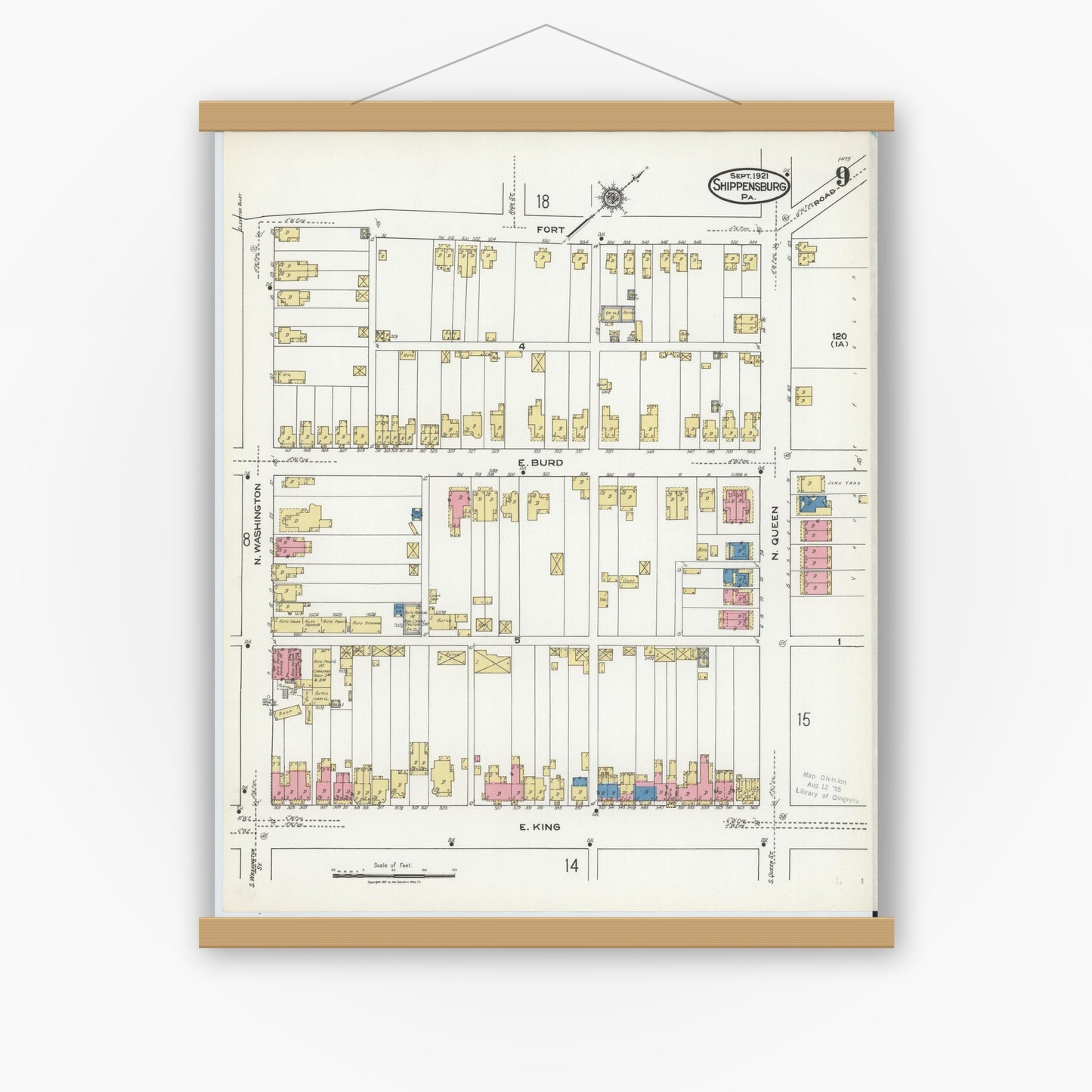 Old map wall art mockup — magnetic wood frame on white wall — Sanborn Fire Insurance Map from Shippensburg, Cumberland And Franklin Counties, Pennsylvania (1921), Sheet #0009