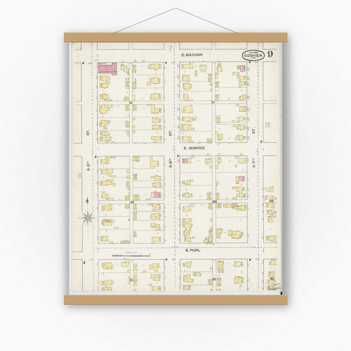 Old map wall art mockup — magnetic wood frame on white wall — Sanborn Fire Insurance Map from Goshen, Elkhart County, Indiana (1892), Sheet #0009