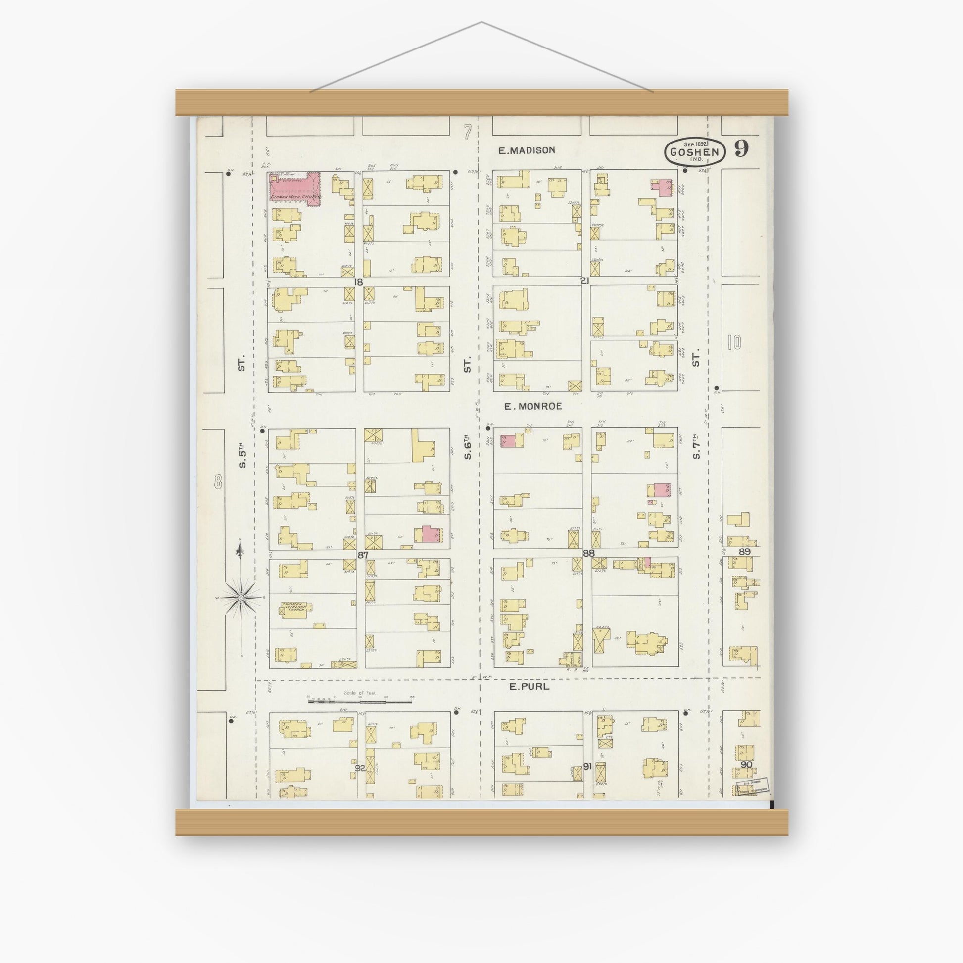 Old map wall art mockup — magnetic wood frame on white wall — Sanborn Fire Insurance Map from Goshen, Elkhart County, Indiana (1892), Sheet #0009