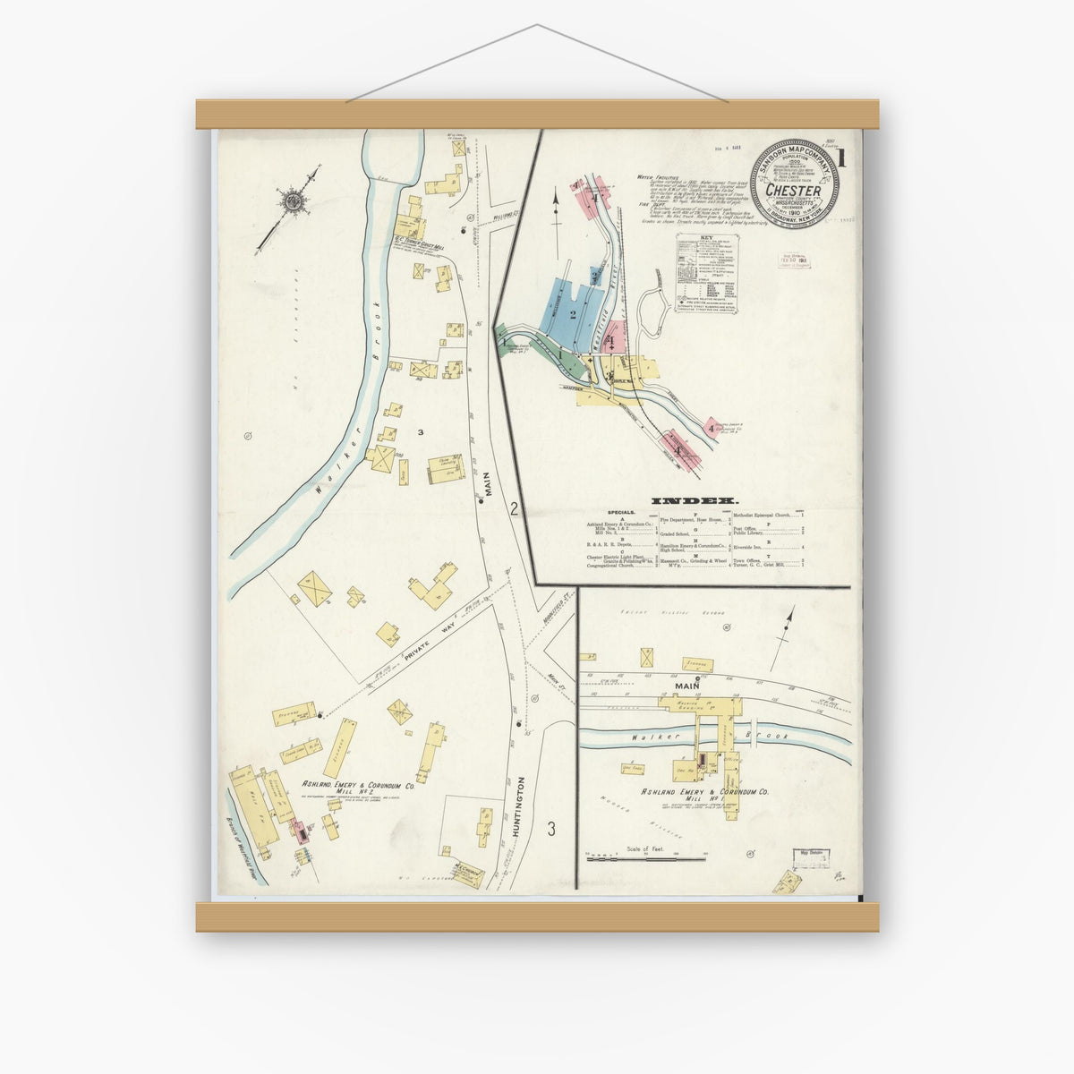 Old map wall art mockup — magnetic wood frame on white wall — Sanborn Fire Insurance Map from Chester, Hampden County, Massachusetts (1910) - Complete Map Set