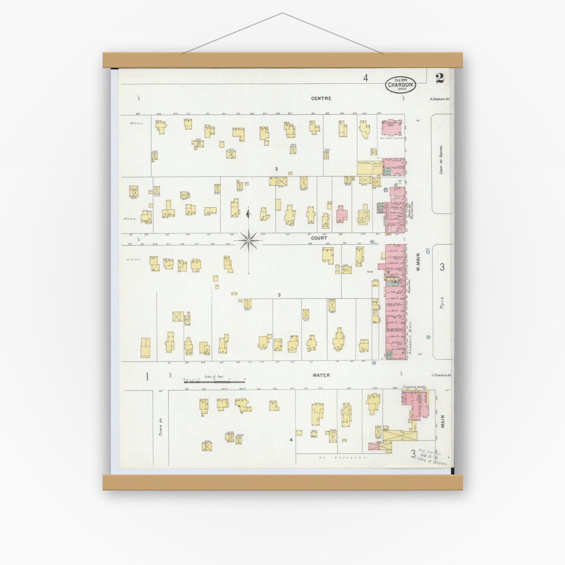 Old map wall art mockup — magnetic wood frame on white wall — Sanborn Fire Insurance Map from Chardon, Geauga County, Ohio (1899), Sheet #0002