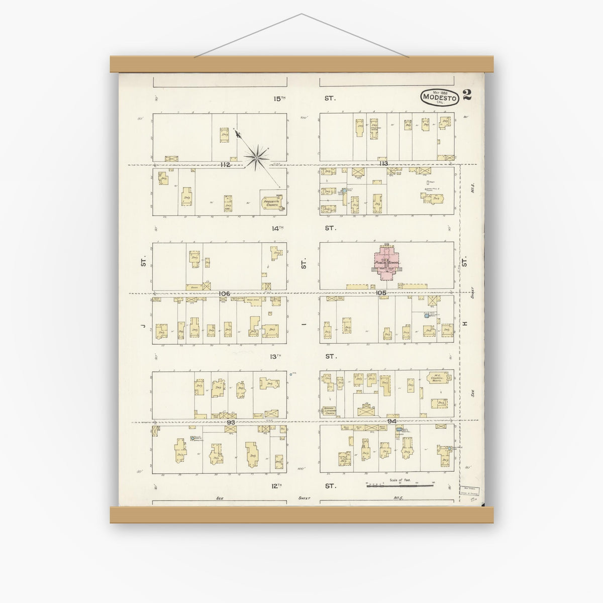 Old map wall art mockup — magnetic wood frame on white wall — Sanborn Fire Insurance Map from Modesto, Stanislaus County, California (1888), Sheet #0002