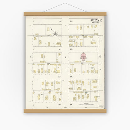 Old map wall art mockup — magnetic wood frame on white wall — Sanborn Fire Insurance Map from Modesto, Stanislaus County, California (1888), Sheet #0002