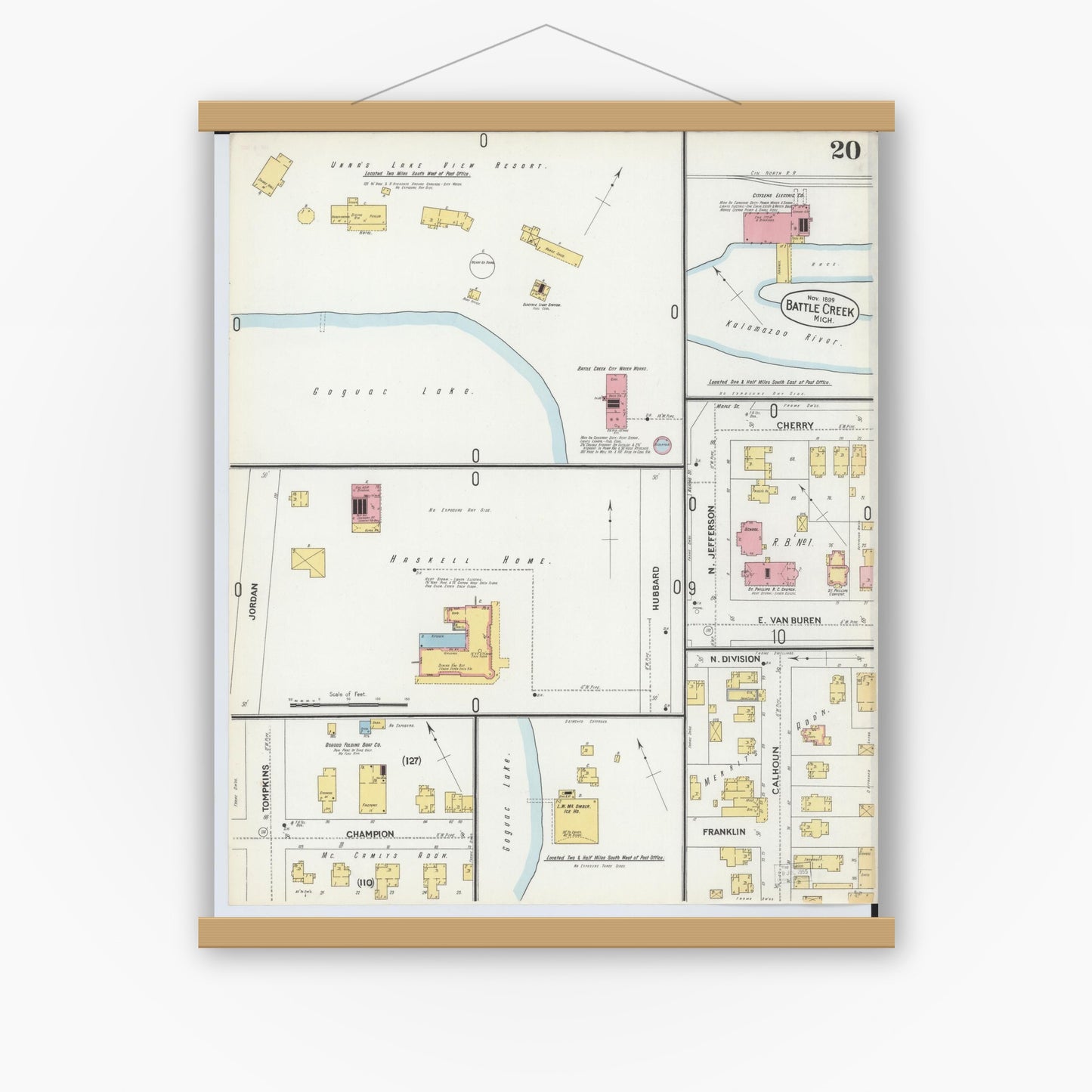 Old map wall art mockup — magnetic wood frame on white wall — Sanborn Fire Insurance Map from Battle Creek, Calhoun County, Michigan (1899), Sheet #0020