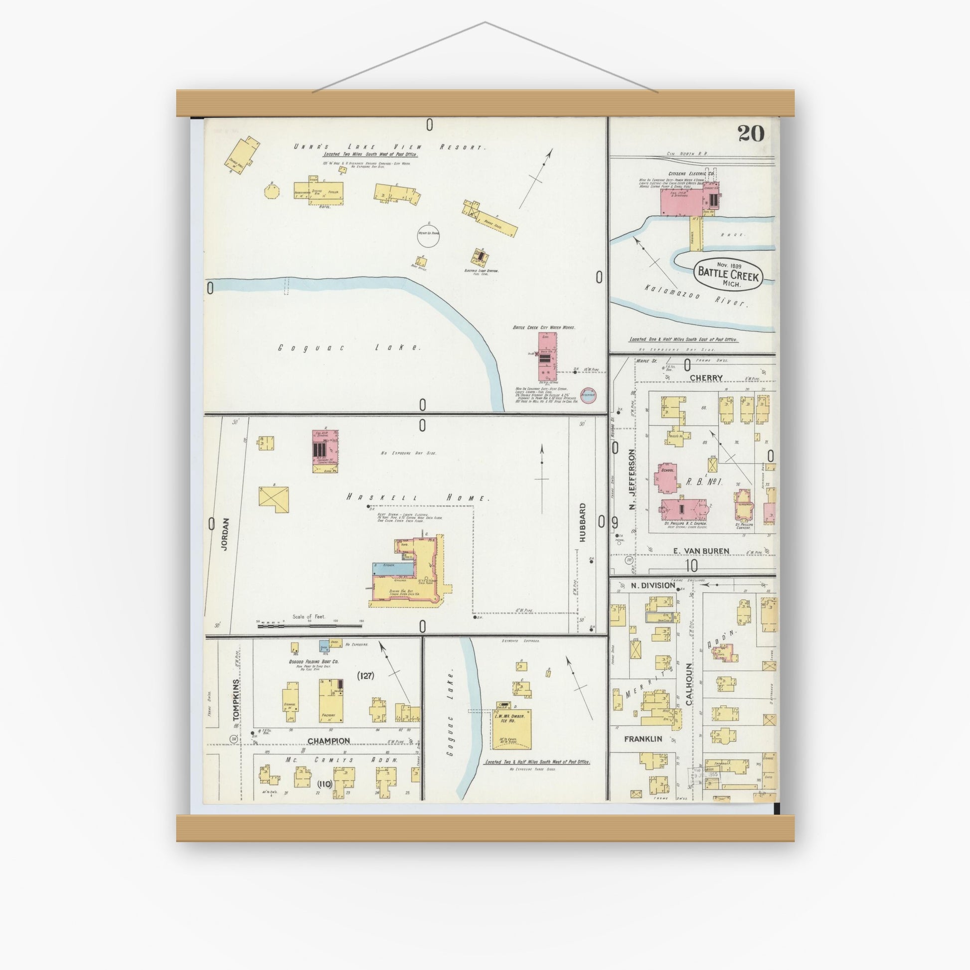 Old map wall art mockup — magnetic wood frame on white wall — Sanborn Fire Insurance Map from Battle Creek, Calhoun County, Michigan (1899), Sheet #0020