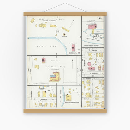 Old map wall art mockup — magnetic wood frame on white wall — Sanborn Fire Insurance Map from Battle Creek, Calhoun County, Michigan (1899), Sheet #0020