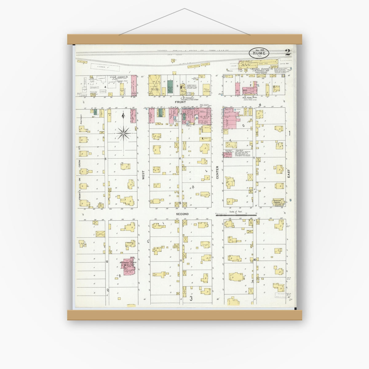 Old map wall art mockup — magnetic wood frame on white wall — Sanborn Fire Insurance Map from Hume, Edgar County, Illinois (1909), Sheet #0002