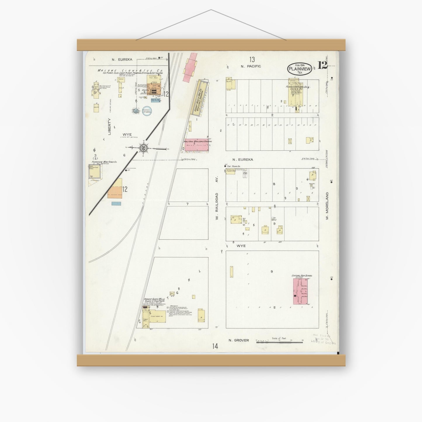 Old map wall art mockup — magnetic wood frame on white wall — Sanborn Fire Insurance Map from Plainview, Hale County, Texas (1914), Sheet #0012