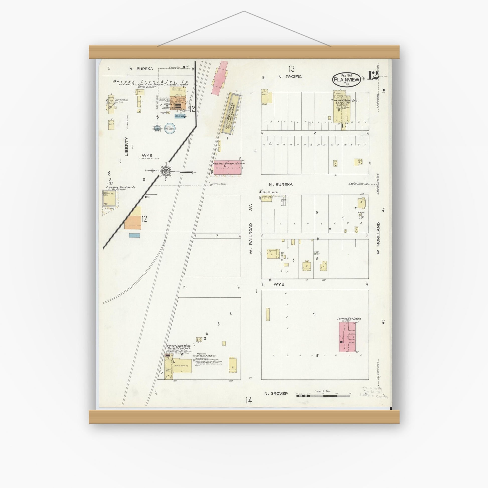Old map wall art mockup — magnetic wood frame on white wall — Sanborn Fire Insurance Map from Plainview, Hale County, Texas (1914), Sheet #0012