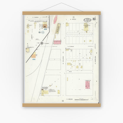 Old map wall art mockup — magnetic wood frame on white wall — Sanborn Fire Insurance Map from Plainview, Hale County, Texas (1914), Sheet #0012