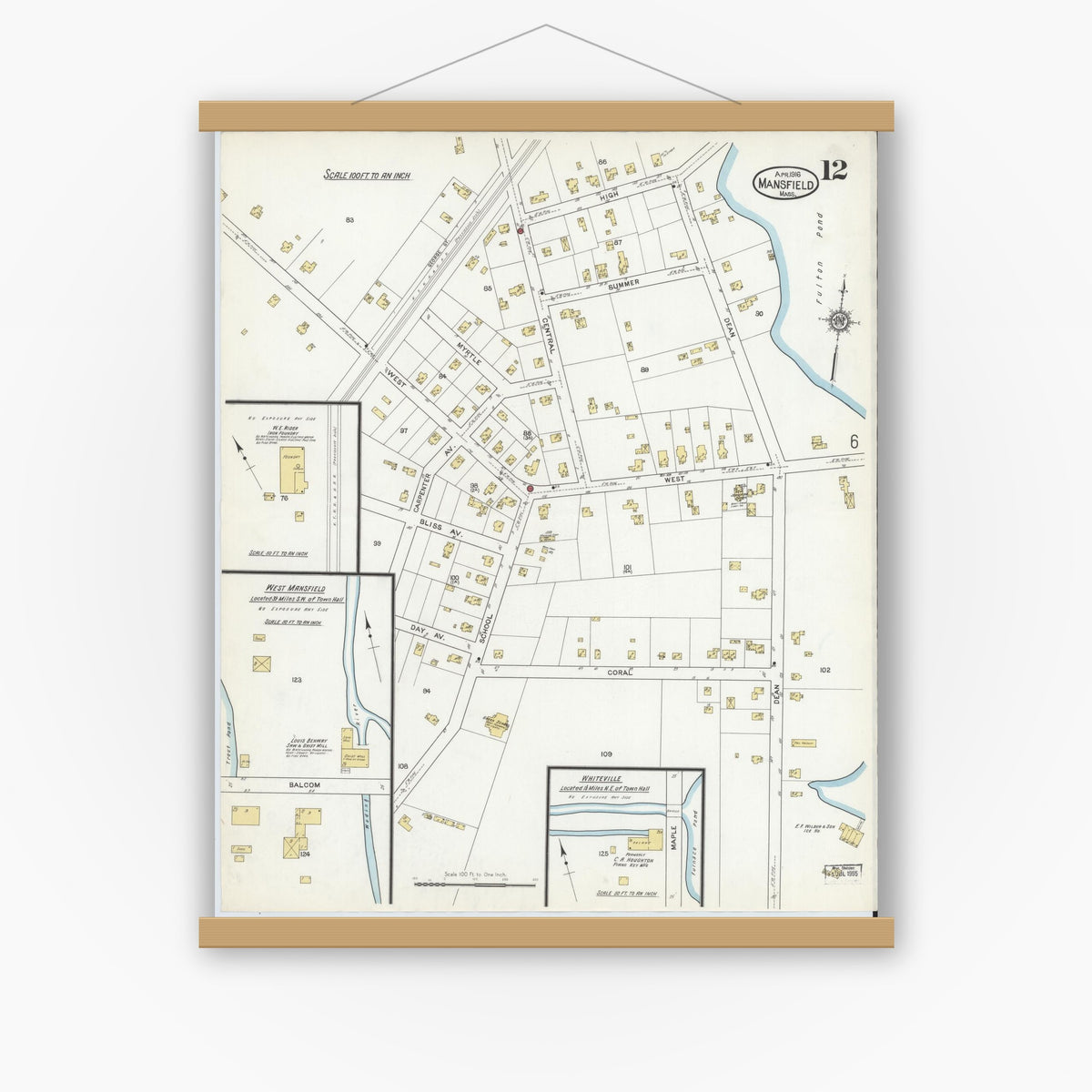 Old map wall art mockup — magnetic wood frame on white wall — Sanborn Fire Insurance Map from Mansfield, Bristol County, Massachusetts (1916), Sheet #0012