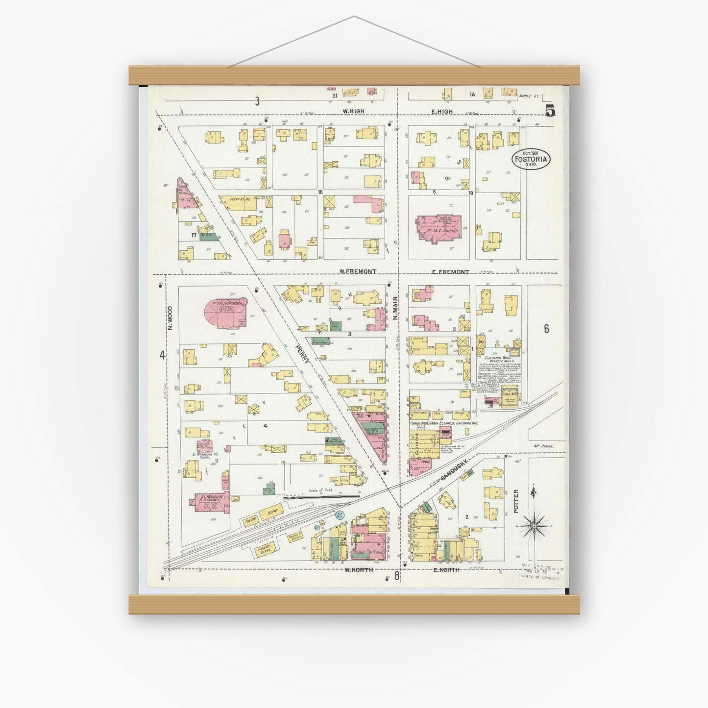 Old map wall art mockup — magnetic wood frame on white wall — Sanborn Fire Insurance Map from Fostoria, Seneca, Hancock, And Wood Counties, Ohio (1901), Sheet #0005