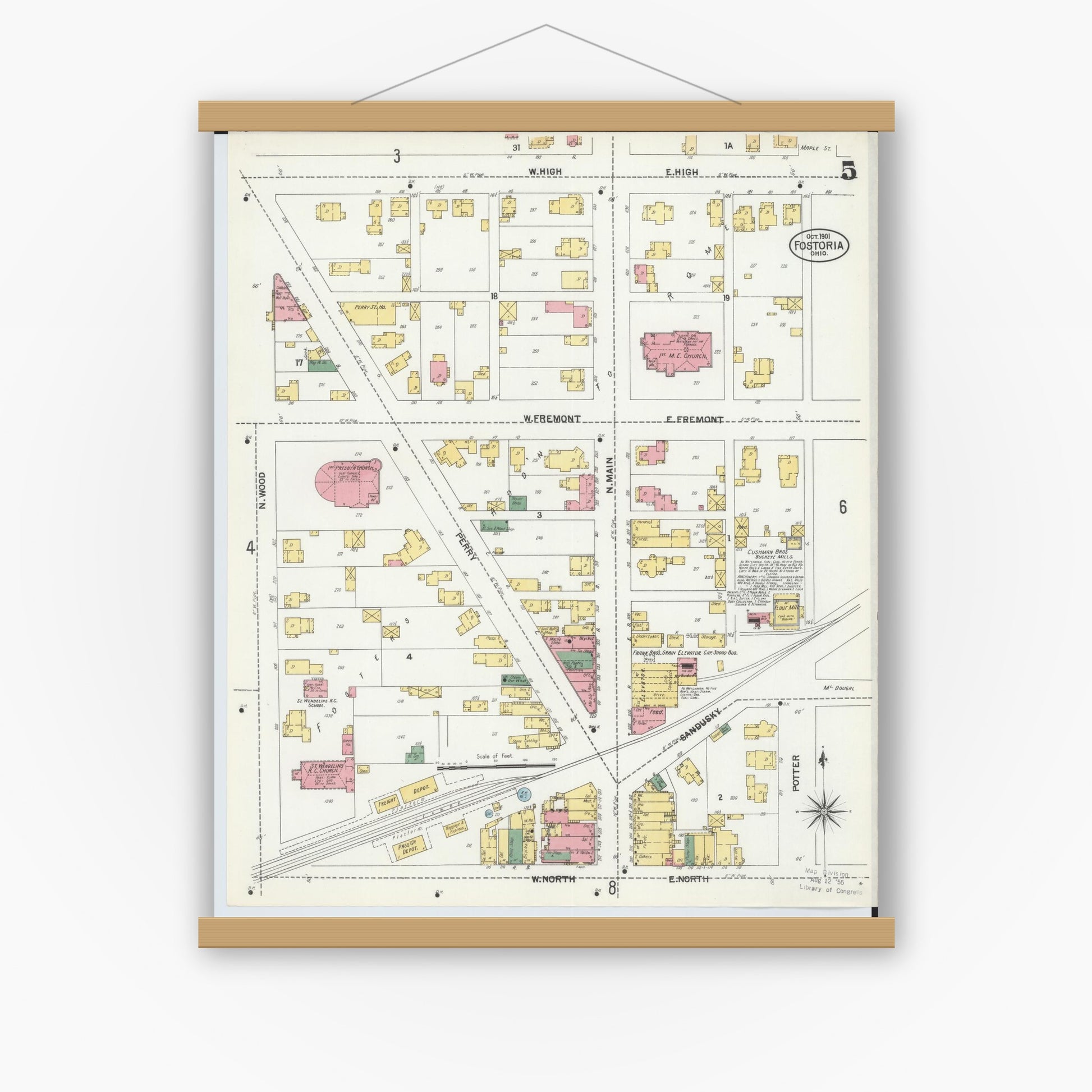 Old map wall art mockup — magnetic wood frame on white wall — Sanborn Fire Insurance Map from Fostoria, Seneca, Hancock, And Wood Counties, Ohio (1901), Sheet #0005