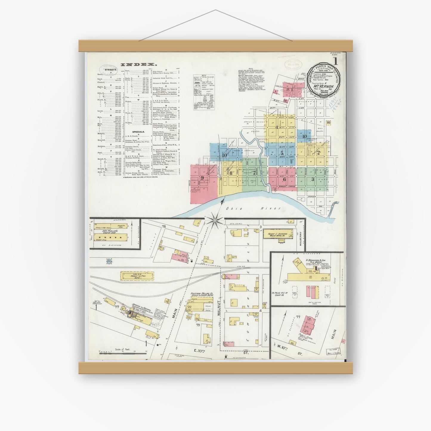 Old map wall art mockup — magnetic wood frame on white wall — Sanborn Fire Insurance Map from Mount Vernon, Posey County, Indiana (1899), Sheet #0001