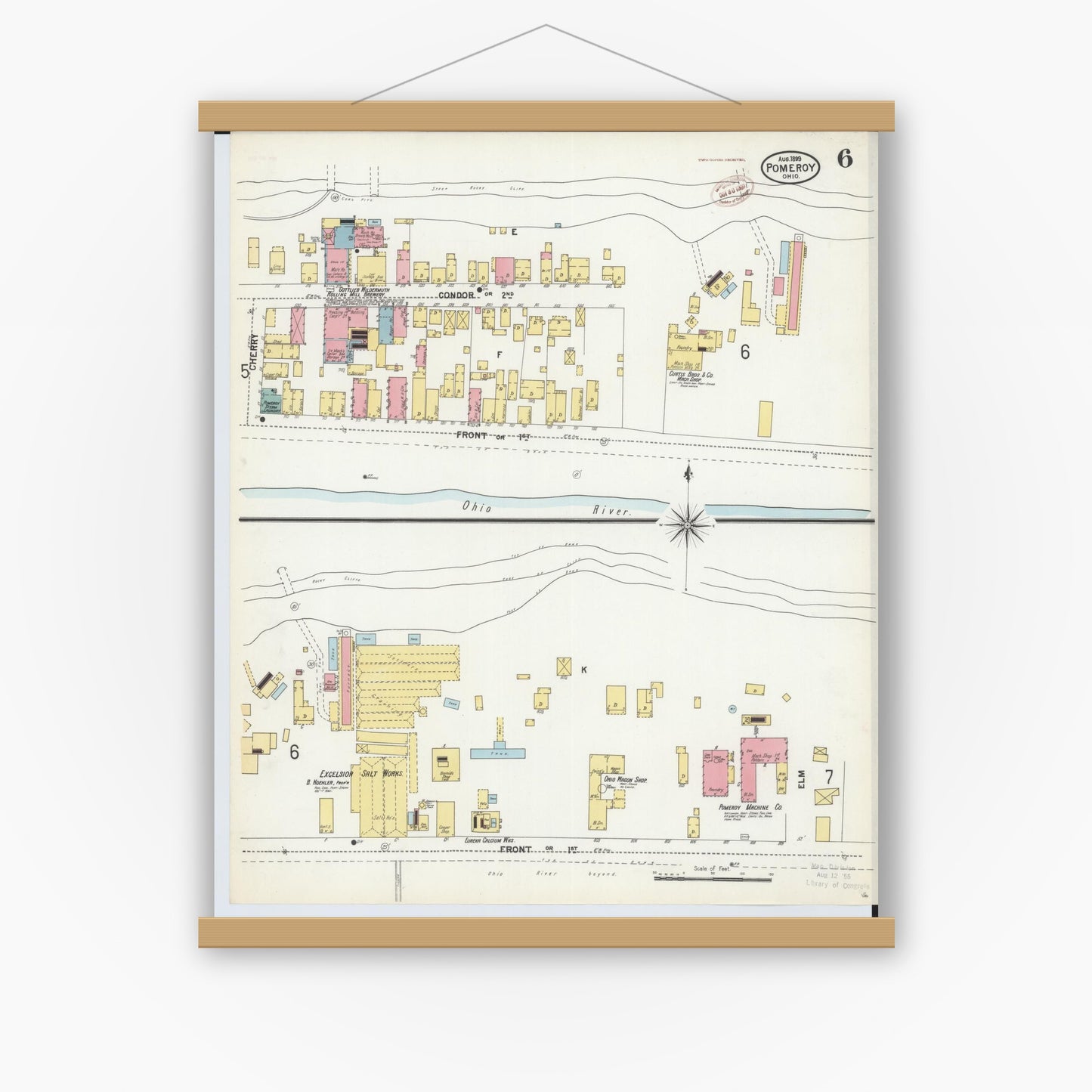 Old map wall art mockup — magnetic wood frame on white wall — Sanborn Fire Insurance Map from Pomeroy, Meigs County, Ohio (1899), Sheet #0006