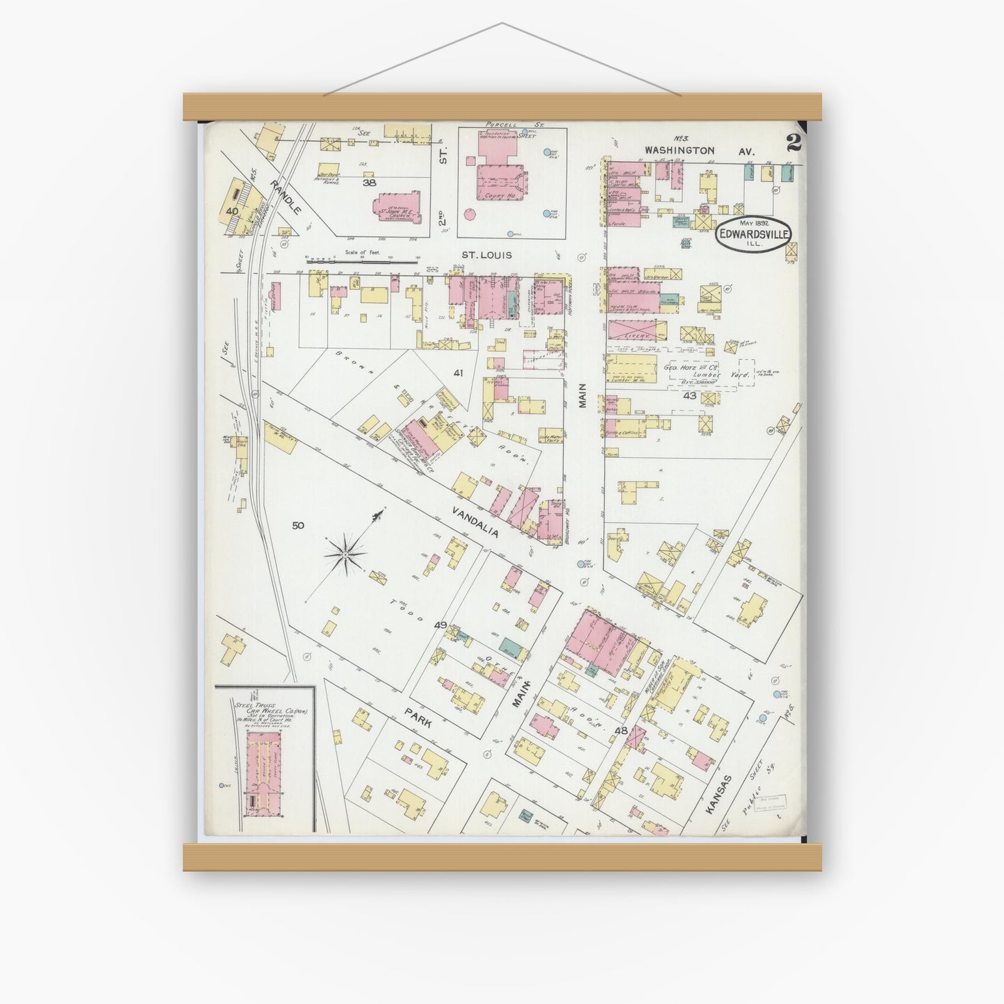 Old map wall art mockup — magnetic wood frame on white wall — Sanborn Fire Insurance Map from Edwardsville, Madison County, Illinois (1892), Sheet #0002