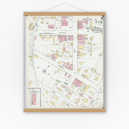 Old map wall art mockup — magnetic wood frame on white wall — Sanborn Fire Insurance Map from Edwardsville, Madison County, Illinois (1892), Sheet #0002
