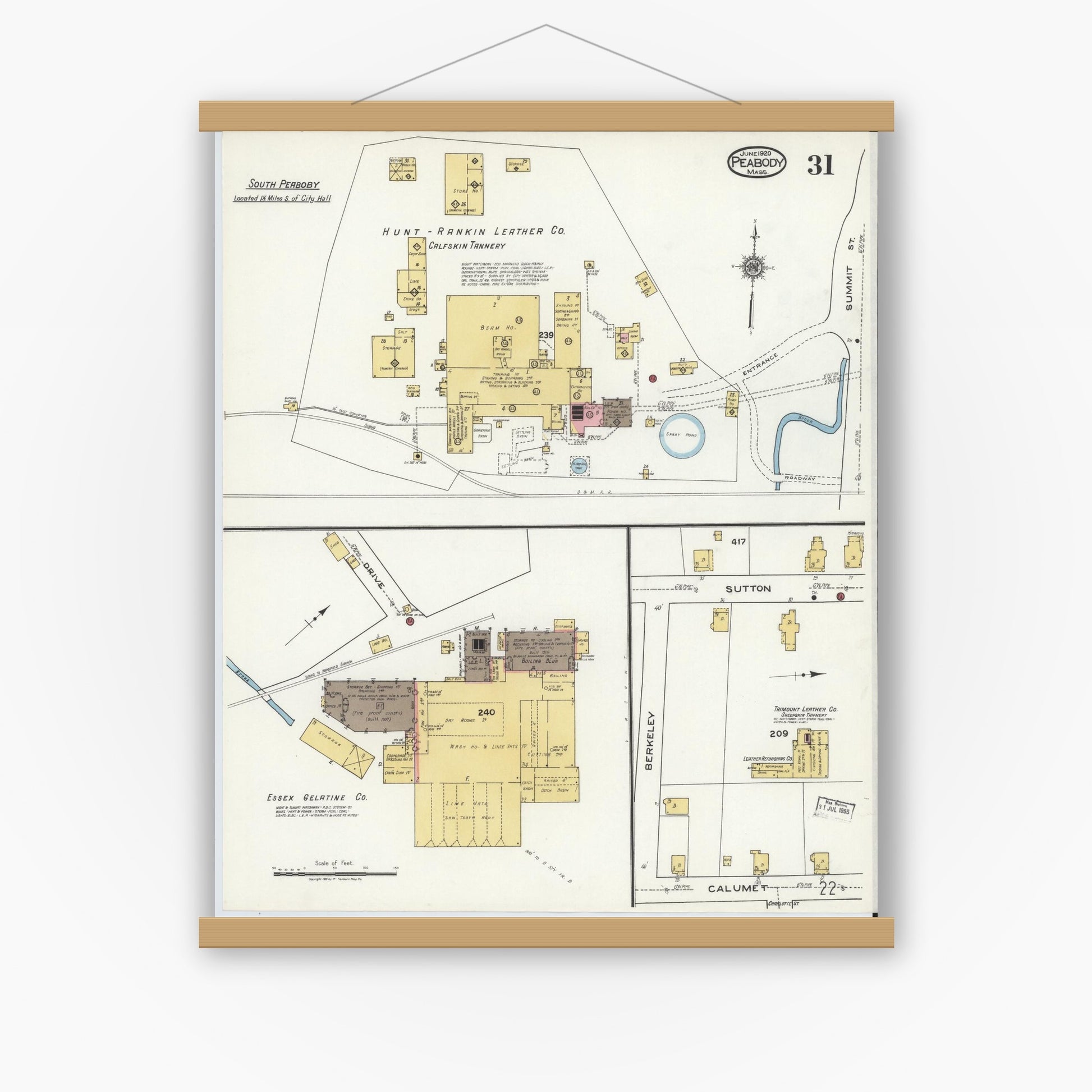 Old map wall art mockup — magnetic wood frame on white wall — Sanborn Fire Insurance Map from Peabody, Essex County, Massachusetts (1920), Sheet #0031