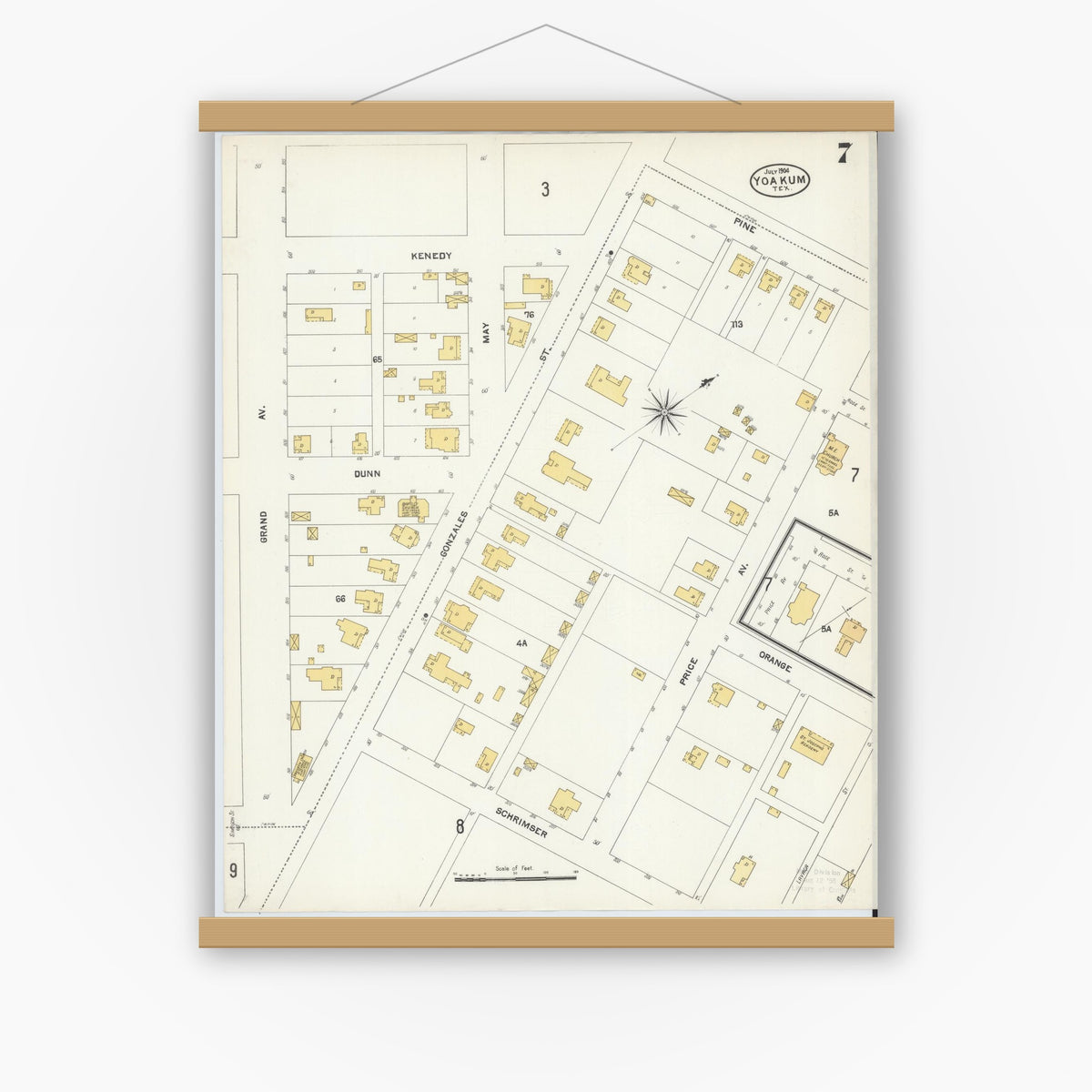 Old map wall art mockup — magnetic wood frame on white wall — Sanborn Fire Insurance Map from Yoakum, De Witt And Lavaca Counties, Texas (1904), Sheet #0007