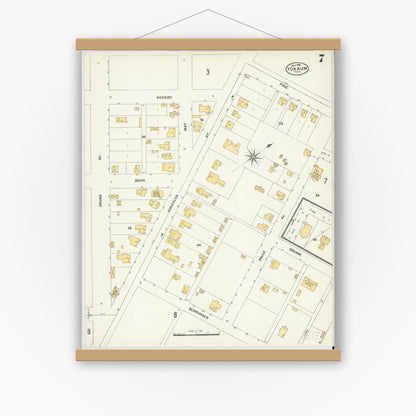Old map wall art mockup — magnetic wood frame on white wall — Sanborn Fire Insurance Map from Yoakum, De Witt And Lavaca Counties, Texas (1904), Sheet #0007