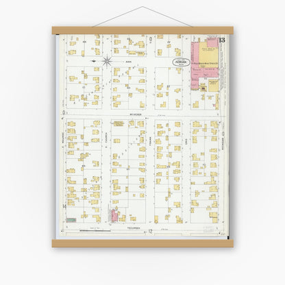 Old map wall art mockup — magnetic wood frame on white wall — Sanborn Fire Insurance Map from Adrian, Lenawee County, Michigan (1899), Sheet #0013