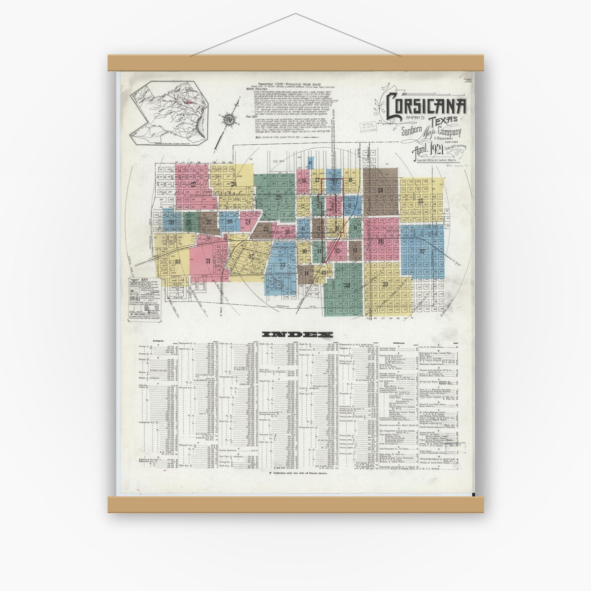 Old map wall art mockup — magnetic wood frame on white wall — Sanborn Fire Insurance Map from Corsicana, Navarro County, Texas (1921) - Complete Map Set