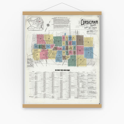 Old map wall art mockup — magnetic wood frame on white wall — Sanborn Fire Insurance Map from Corsicana, Navarro County, Texas (1921) - Complete Map Set