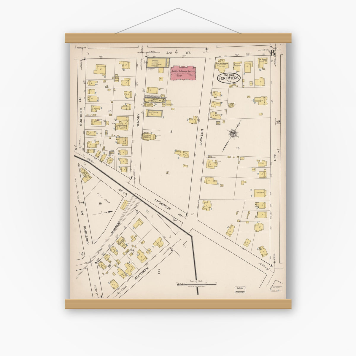 Old map wall art mockup — magnetic wood frame on white wall — Sanborn Fire Insurance Map from Fort Myers, Lee County, Florida (1922), Sheet #0006