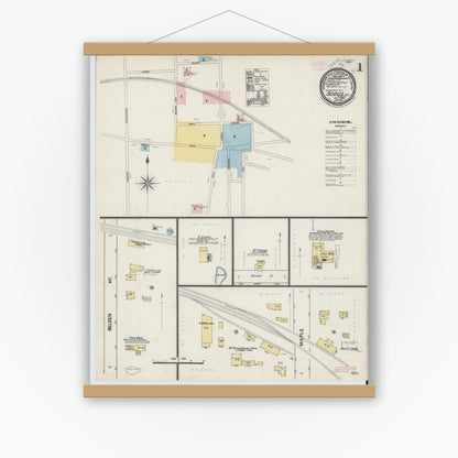 Old map wall art mockup — magnetic wood frame on white wall — Sanborn Fire Insurance Map from Sodus, Wayne County, New York (1889), Sheet #0001