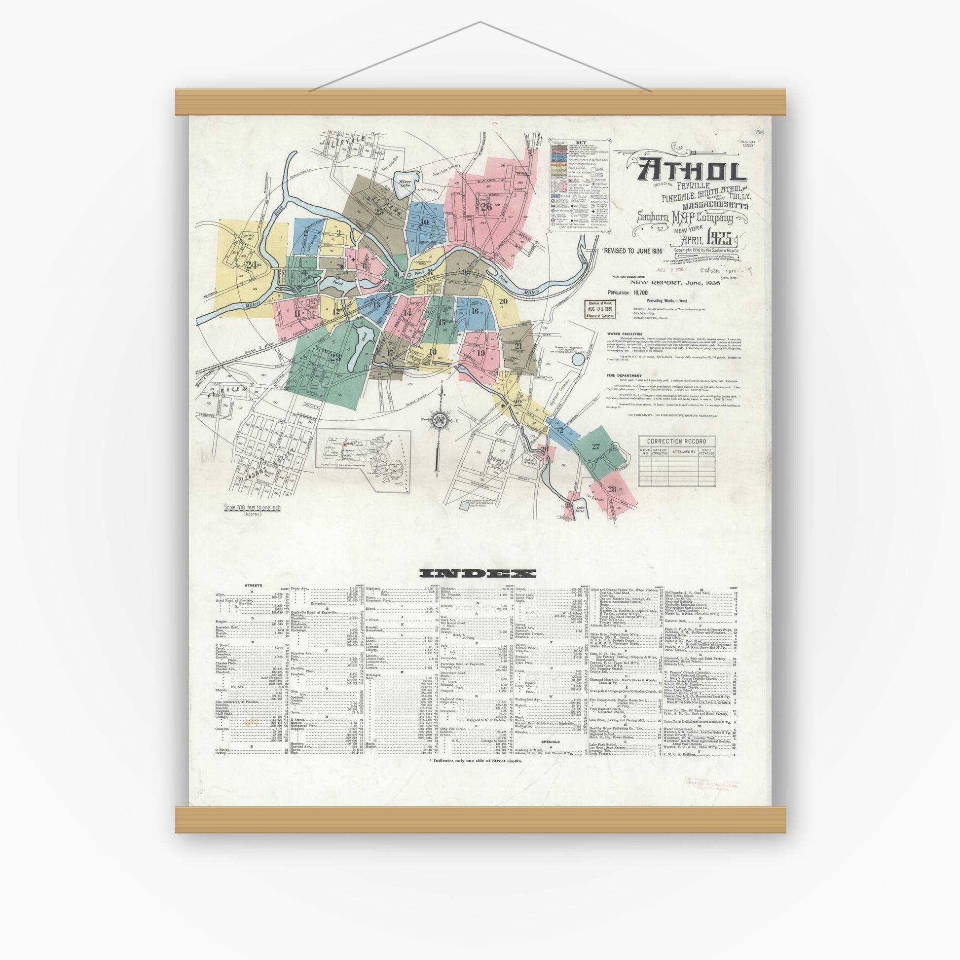Old map wall art mockup — magnetic wood frame on white wall — Sanborn Fire Insurance Map from Athol, Worcester County, Massachusetts (1936), Sheet #0001