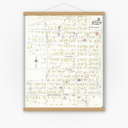 Old map wall art mockup — magnetic wood frame on white wall — Sanborn Fire Insurance Map from Washington, Washington County, Iowa (1917), Sheet #0011