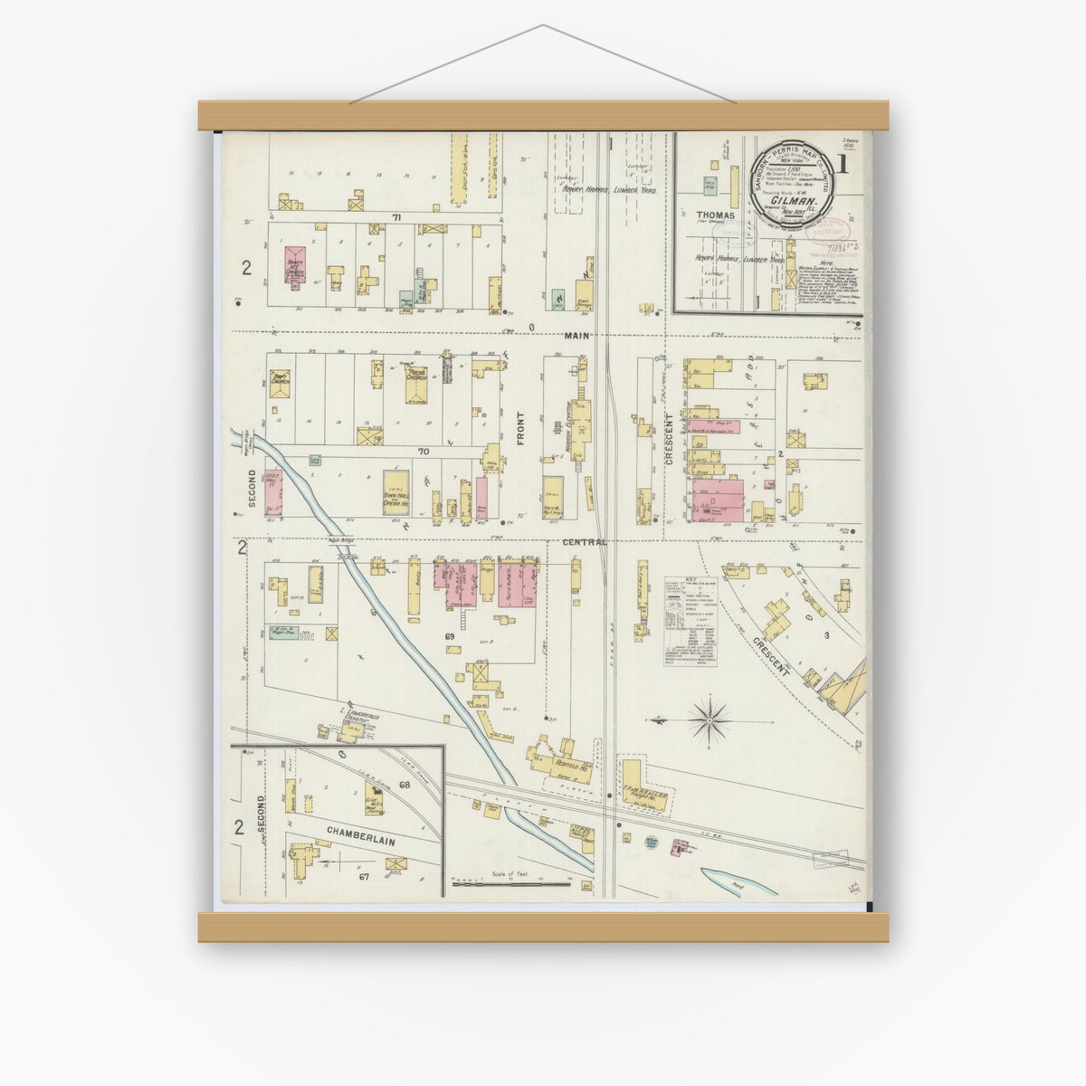 Old map wall art mockup — magnetic wood frame on white wall — Sanborn Fire Insurance Map from Gilman, Iroquois County, Illinois (1897), Sheet #0001