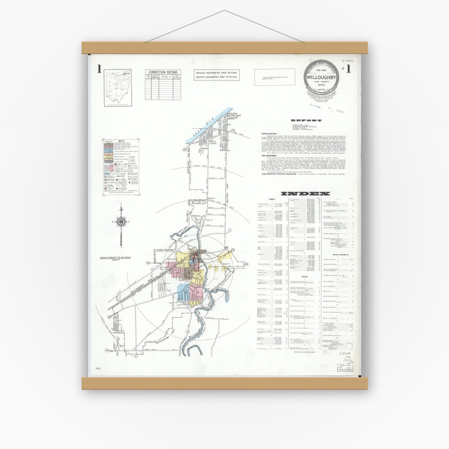 Old map wall art mockup — magnetic wood frame on white wall — Sanborn Fire Insurance Map from Willoughby, Lake County, Ohio (1952) - Complete Map Set