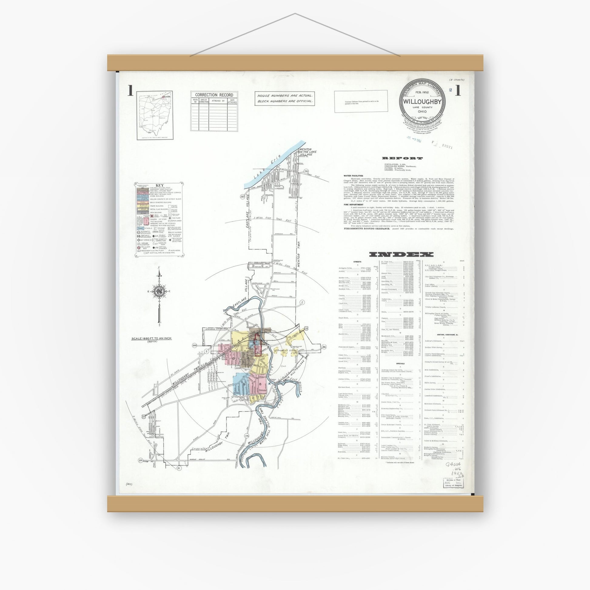 Old map wall art mockup — magnetic wood frame on white wall — Sanborn Fire Insurance Map from Willoughby, Lake County, Ohio (1952) - Complete Map Set