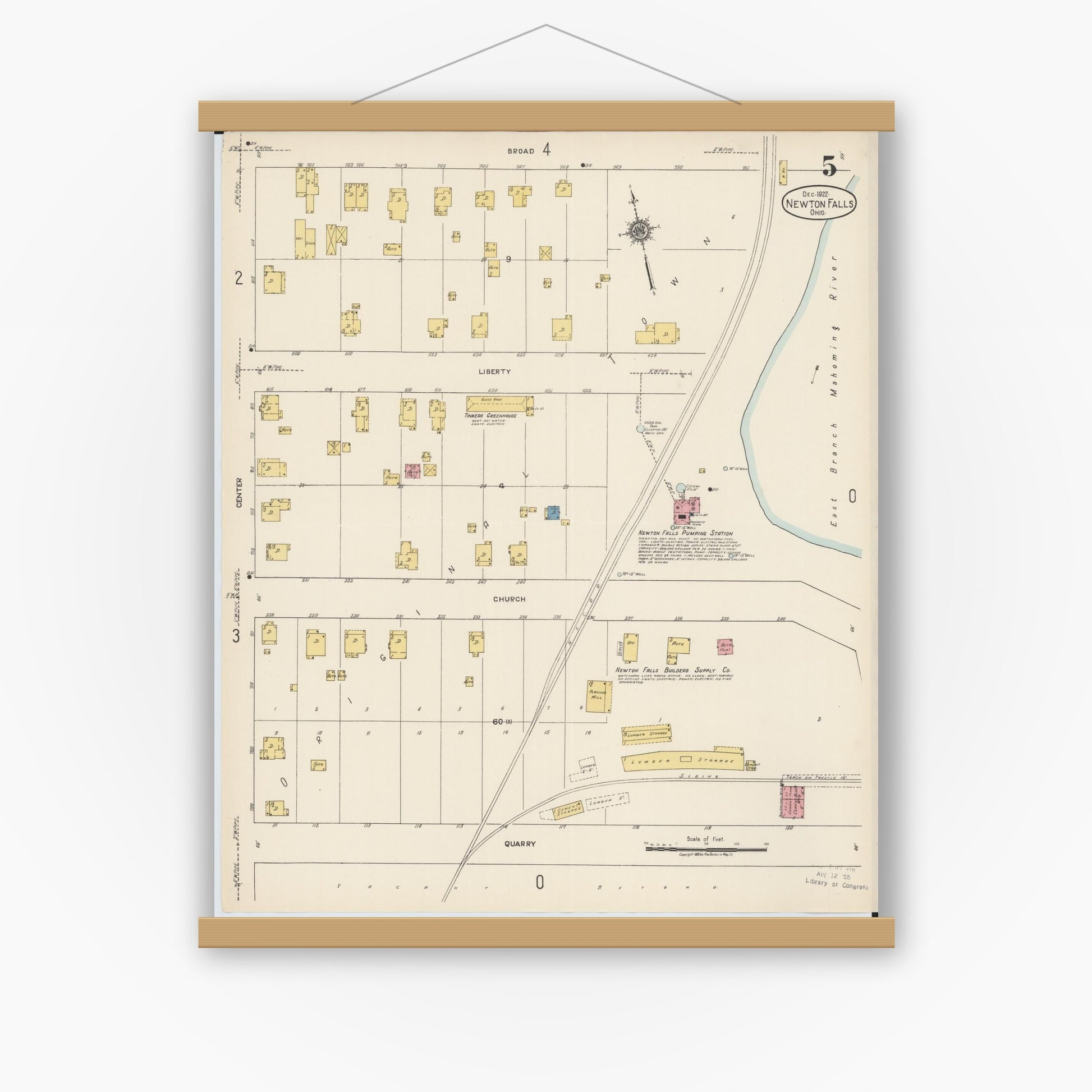 Old map wall art mockup — magnetic wood frame on white wall — Sanborn Fire Insurance Map from Newton Falls, Trumbull County, Ohio (1922), Sheet #0005