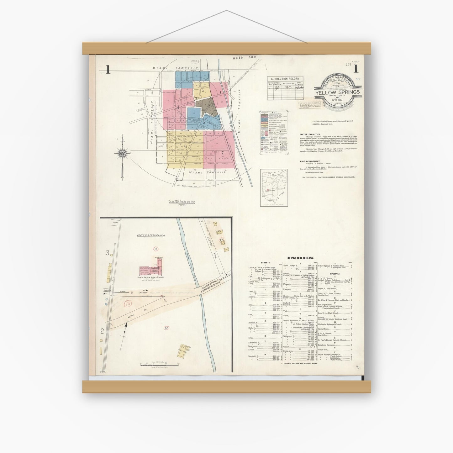 Old map wall art mockup — magnetic wood frame on white wall — Sanborn Fire Insurance Map from Yellow Springs, Greene County, Ohio (1945), Sheet #0001