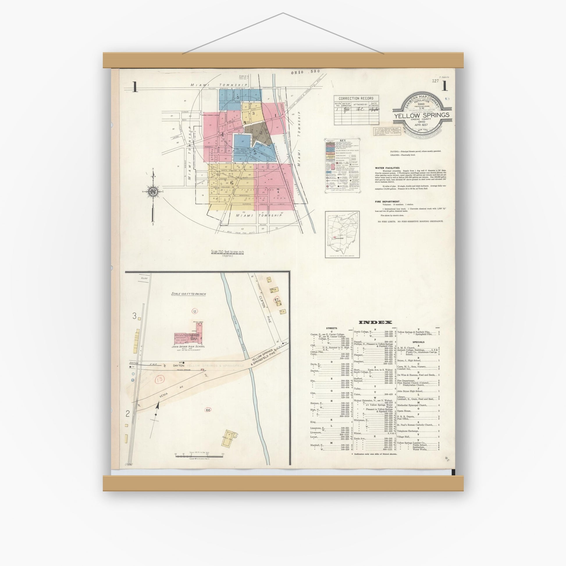 Old map wall art mockup — magnetic wood frame on white wall — Sanborn Fire Insurance Map from Yellow Springs, Greene County, Ohio (1945), Sheet #0001