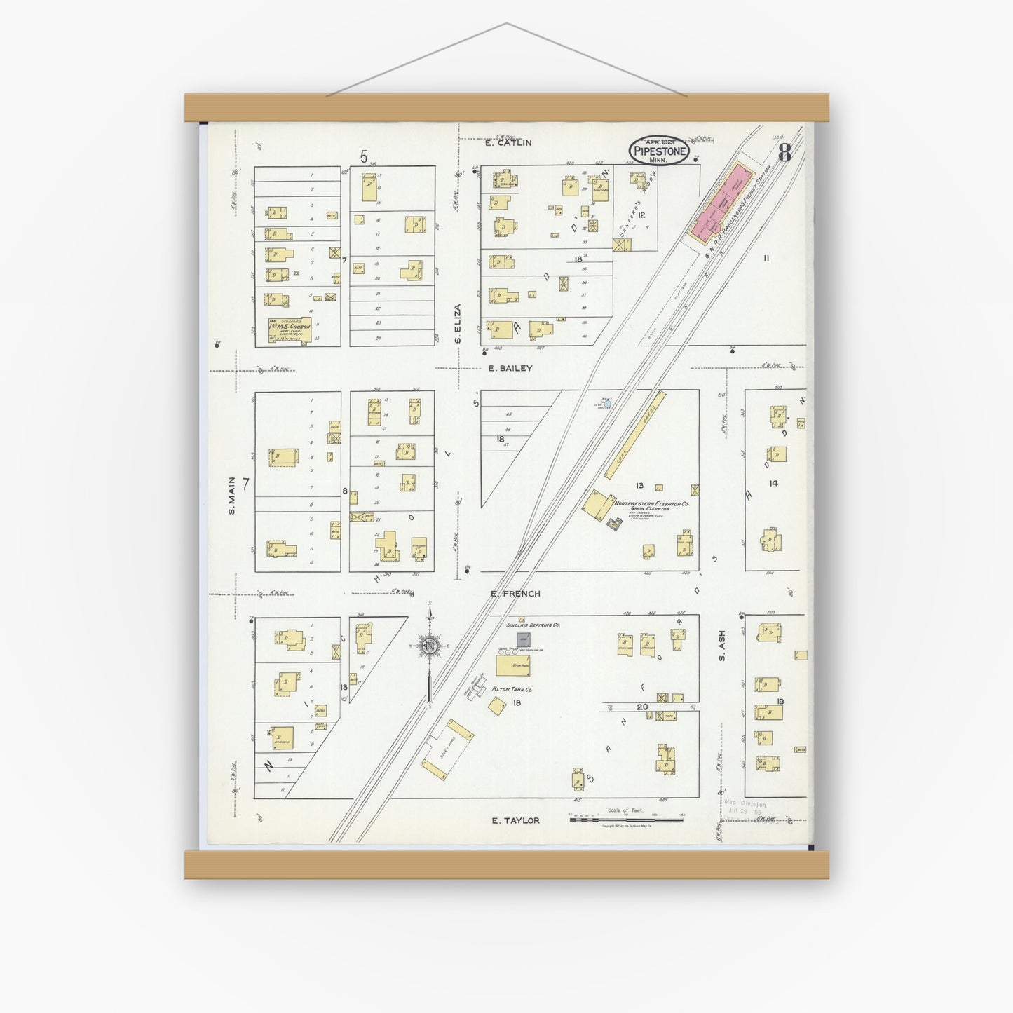 Old map wall art mockup — magnetic wood frame on white wall — Sanborn Fire Insurance Map from Pipestone, Pipestone County, Minnesota (1921), Sheet #0008