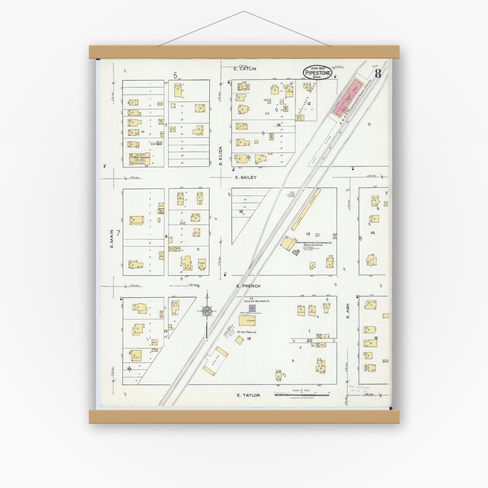 Old map wall art mockup — magnetic wood frame on white wall — Sanborn Fire Insurance Map from Pipestone, Pipestone County, Minnesota (1921), Sheet #0008