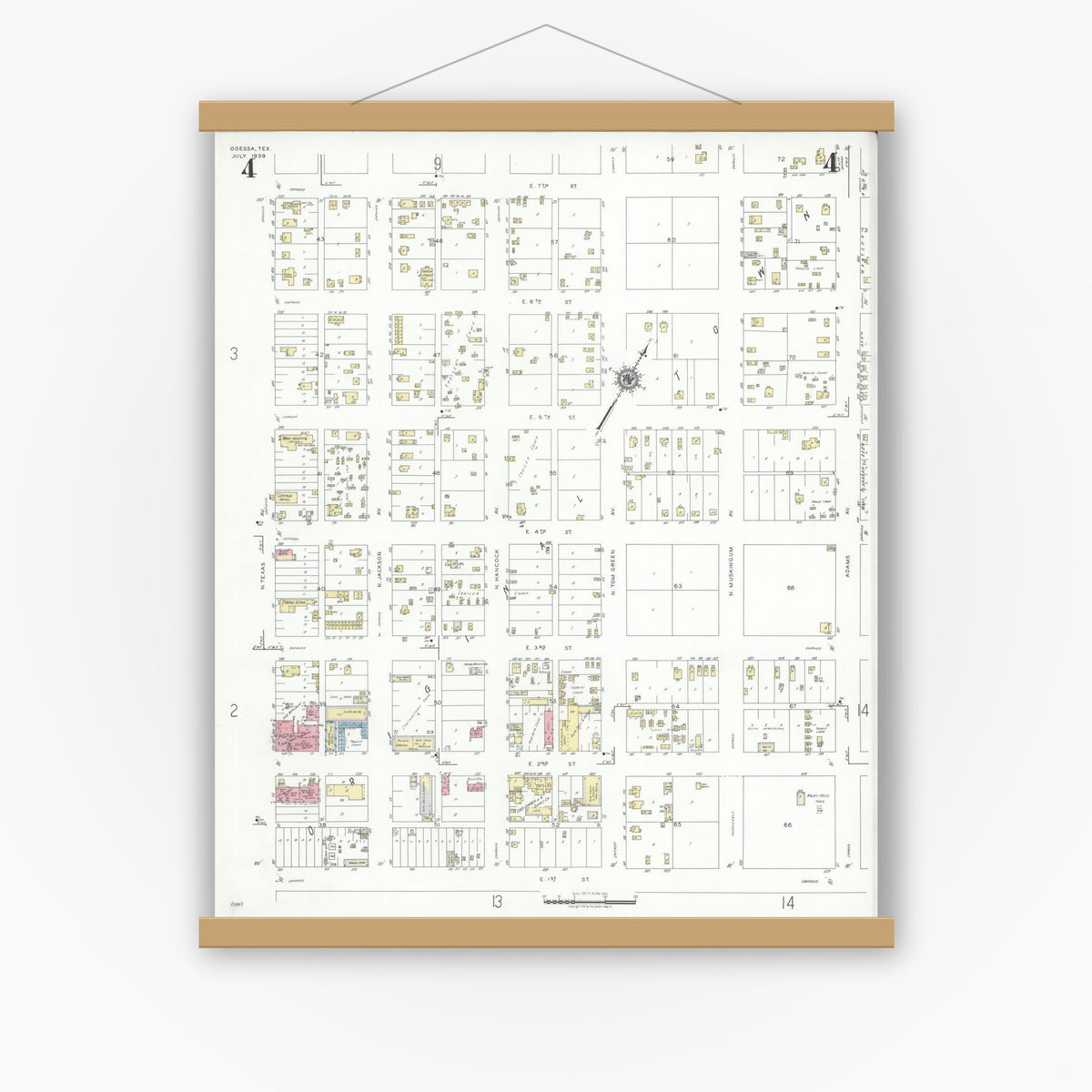 Old map wall art mockup — magnetic wood frame on white wall — Sanborn Fire Insurance Map from Odessa, Edger County, Texas (1939), Sheet #0004
