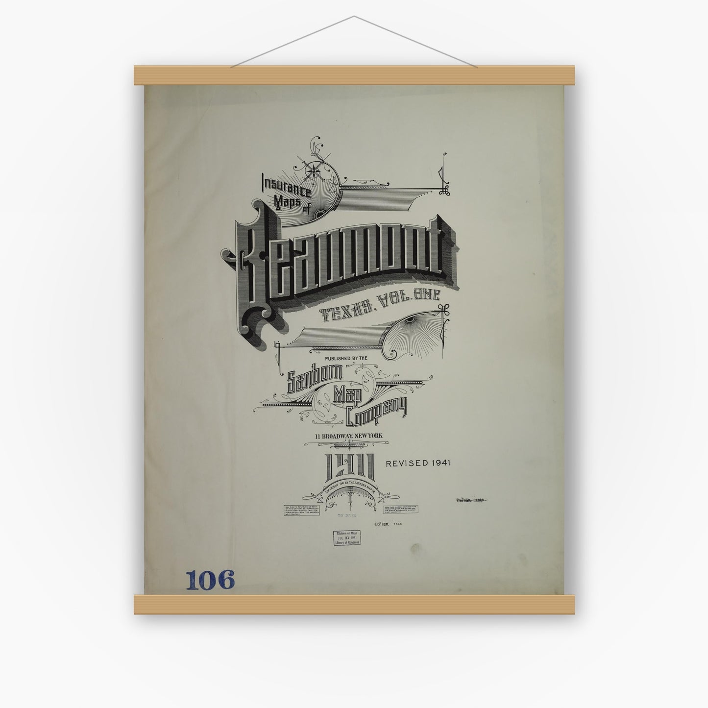 Old map wall art mockup — magnetic wood frame on white wall — Sanborn Fire Insurance Map from Beaumont, Jefferson County, Texas (1941), Sheet #0001